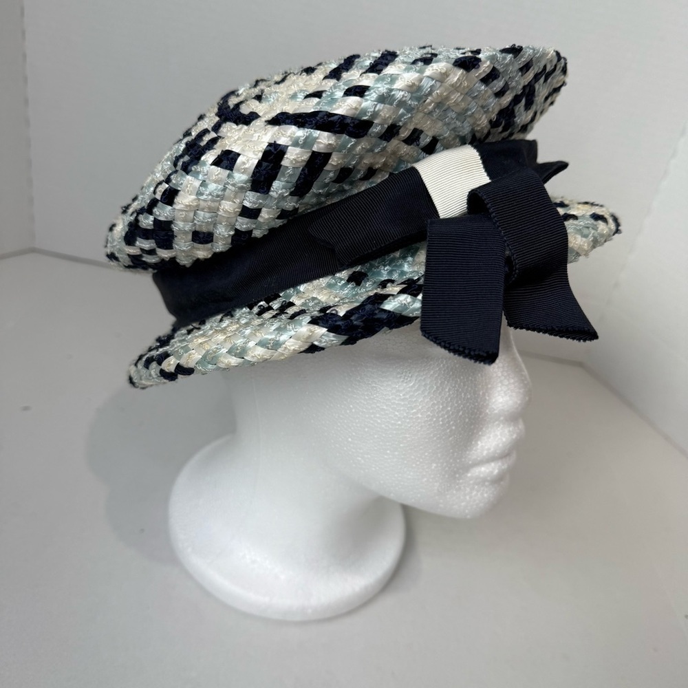 Vintage 1950s Woven Hat – Navy, Cream & Light Blue with Grosgrain Ribbon Bow